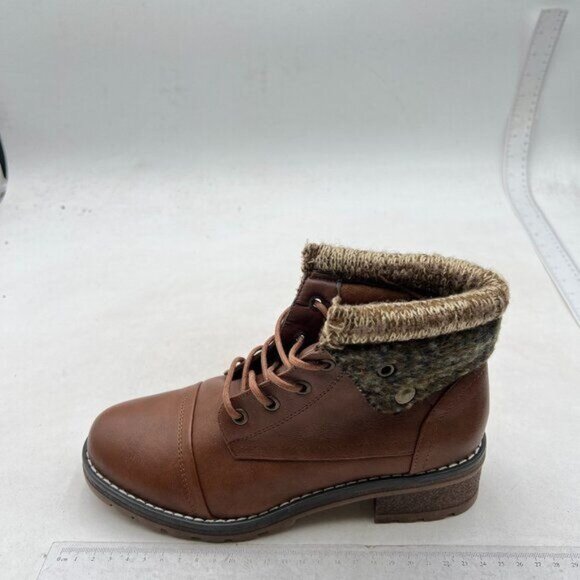 Women's Ankle Boots Chunky Low Heel Round Toe Side Zipper Buckle Booties Brown - Picture 1 of 7